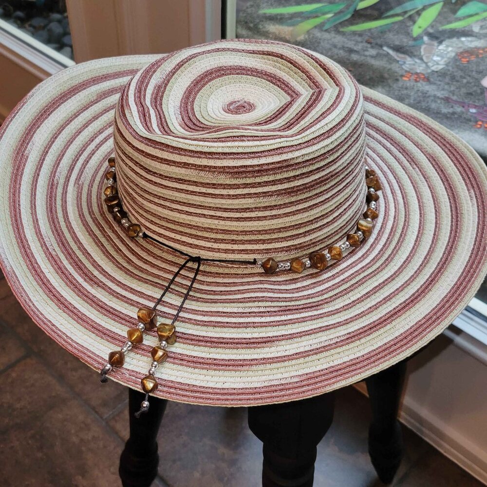 Mazzanti Red Striped Wide Brim Hat with Amber Beaded Chain - Picture 1 of 3